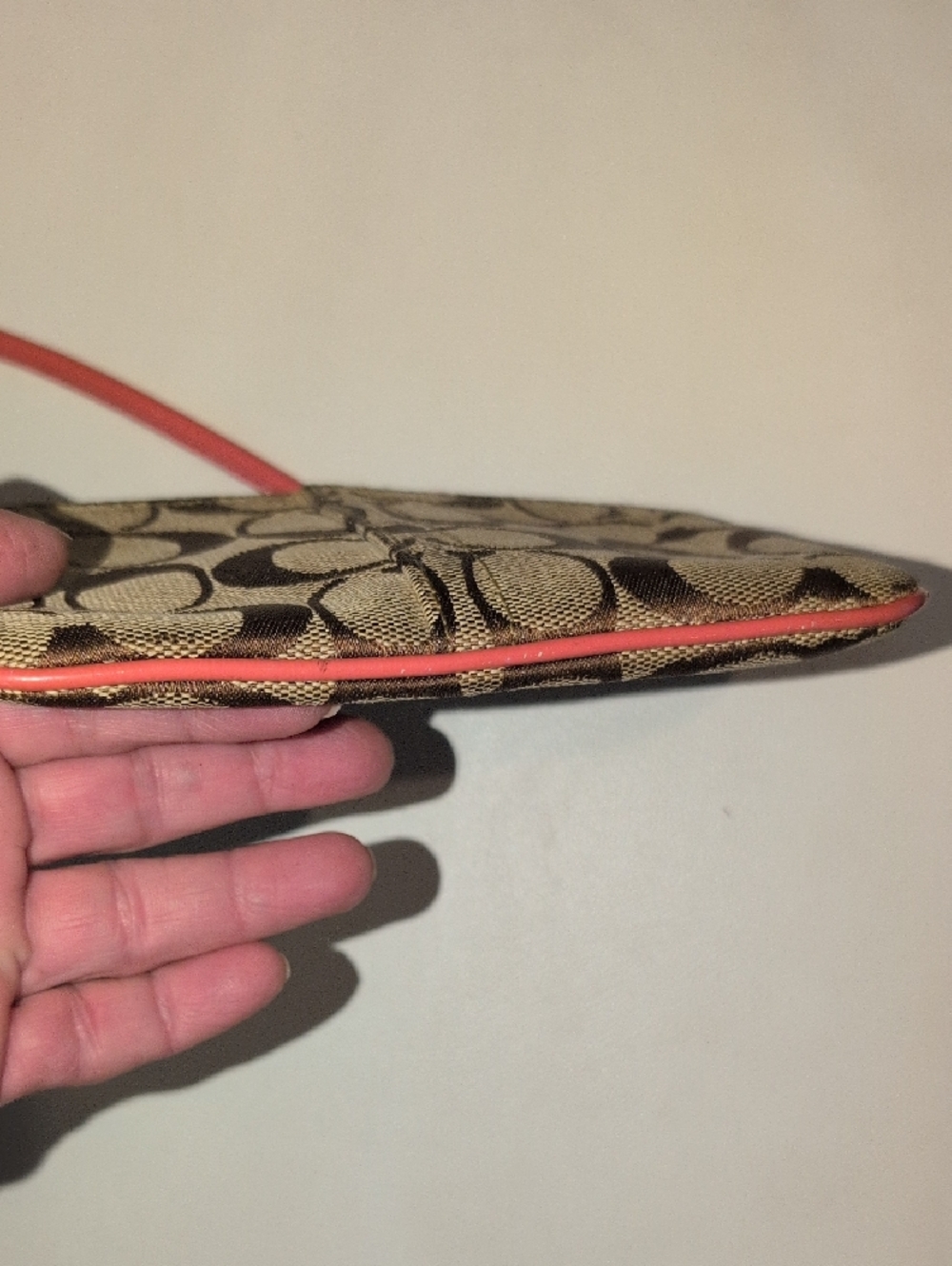 Coach Brown Signature Canvas Wristlet with Coral Trim - Picture 5 of 7